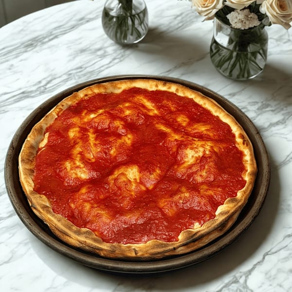A deep-dish pizza with a thick, golden crust and a rich red tomato sauce on a marble table.