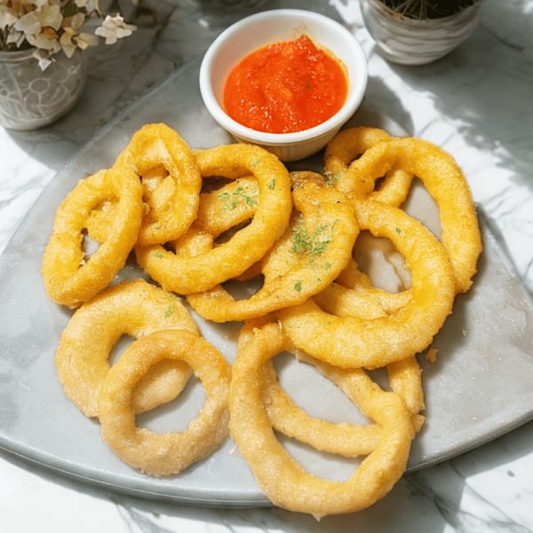 Golden-brown onion rings with parsley flakes on a grey plate, served with a side of red dipping sauce.