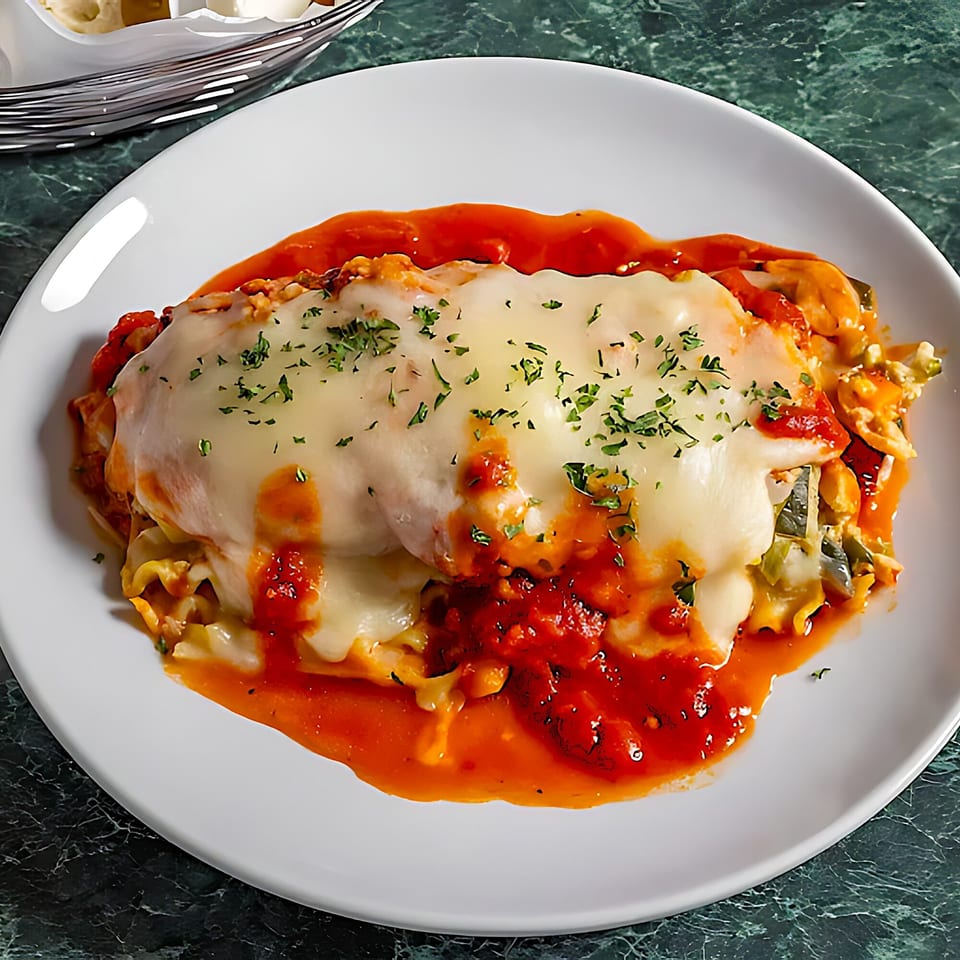 A white plate holds a serving of lasagna topped with melted cheese, red sauce, and parsley.