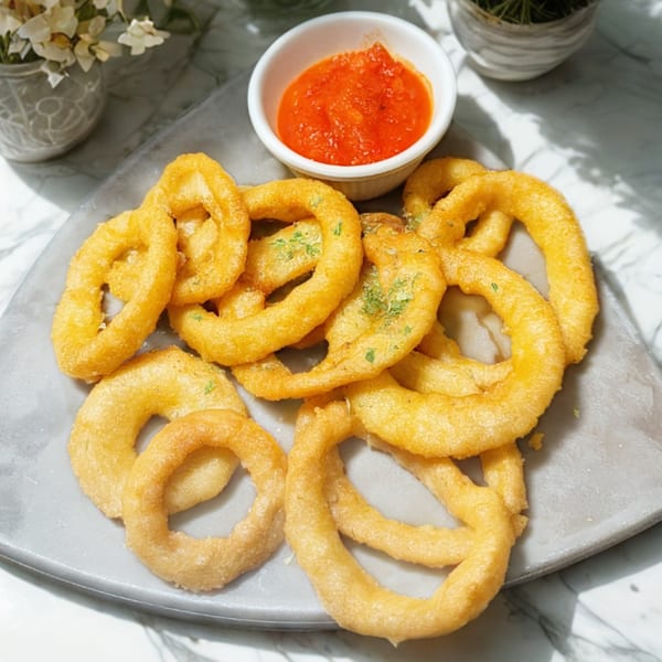 Golden-brown onion rings with a side of red dipping sauce on a gray plate.