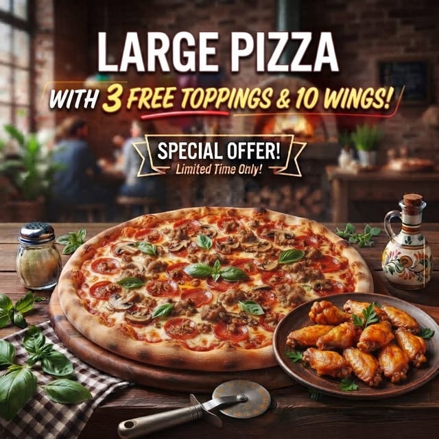 Large 3 Topping Pizza & 10 Wings.