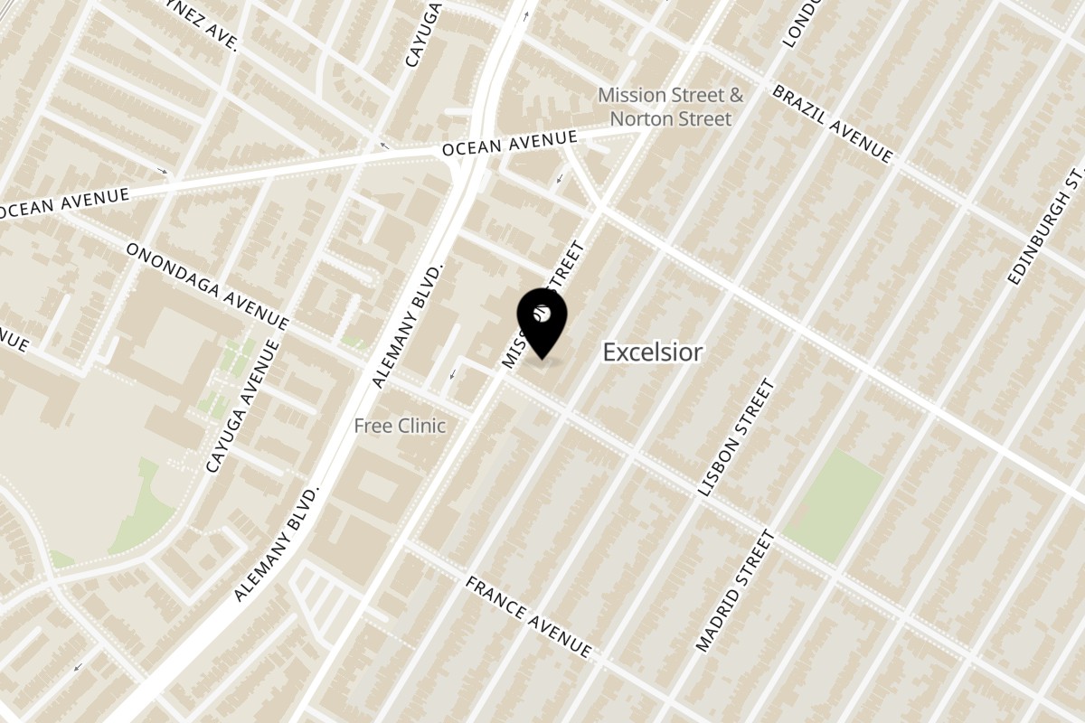 Map showing the location of North Beach Pizza Mission St - Excelsior District SF on 4787 Mission St in San Francisco