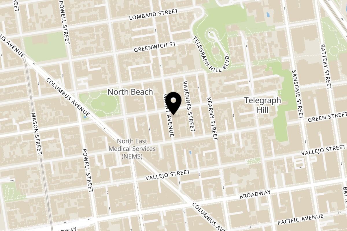 Map showing the location of North Beach Pizza Grant Ave - North Beach District SF on 1462 Grant Ave in San Francisco